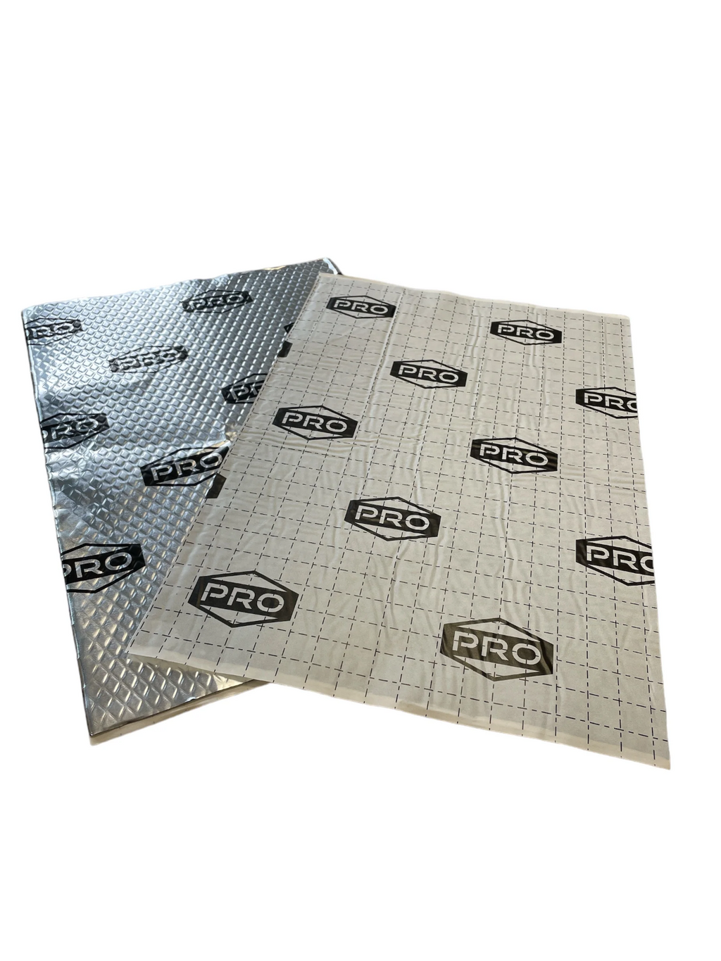 Two sheeets of Pro Deadening sound deadening on a white background