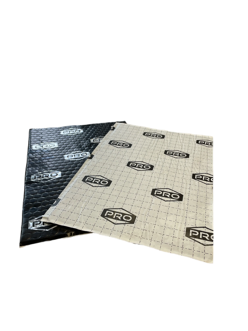 Two sheets of PRO deadening branded deadening matting, on a white background.