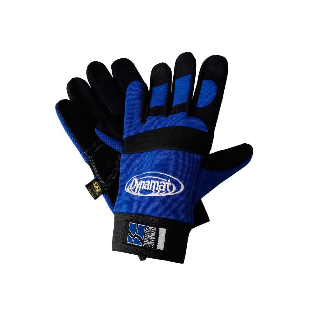 Pair of blue and black gloves with 'Dynamat' branding on a white background