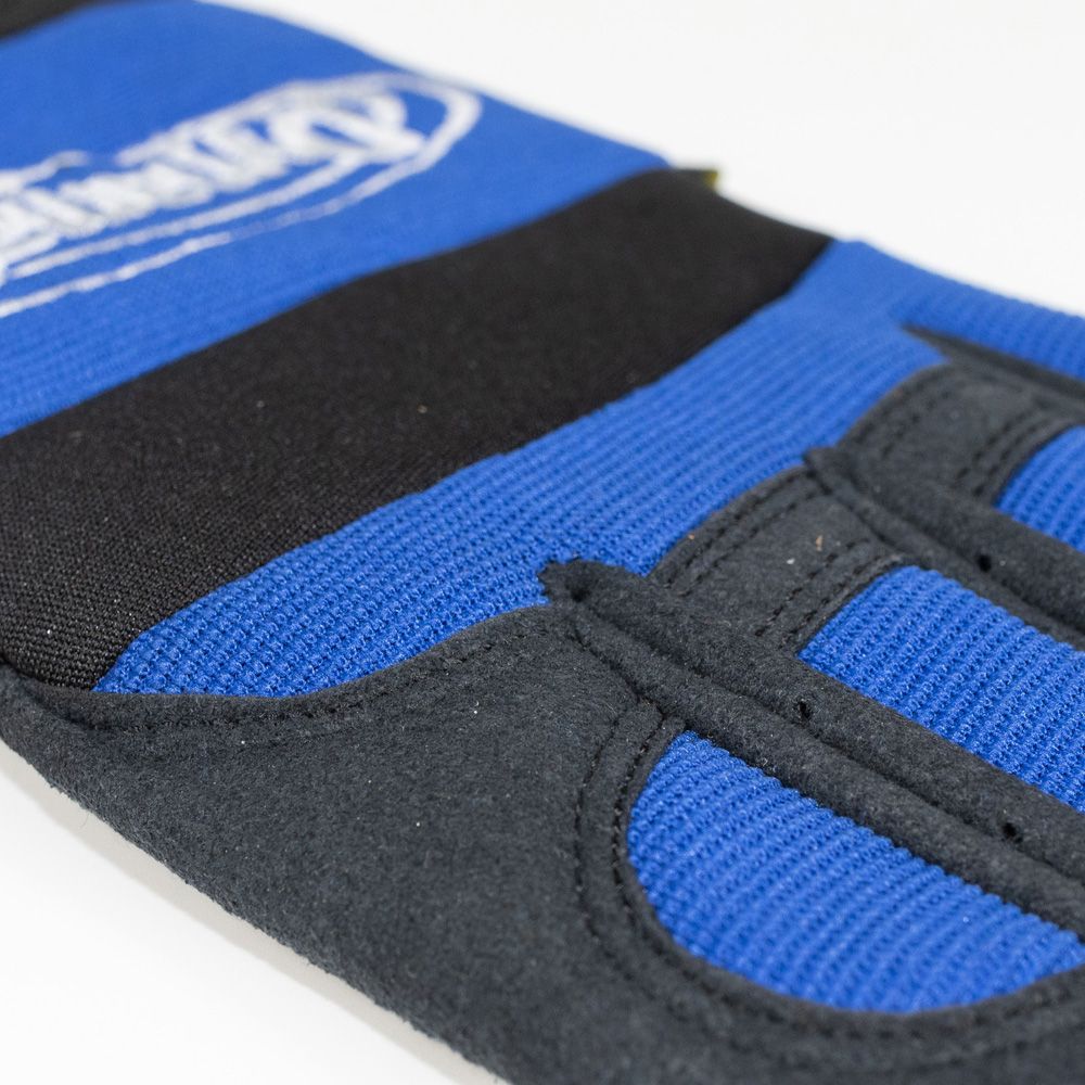 Close-up of a blue and black glove with a brand logo on a white background