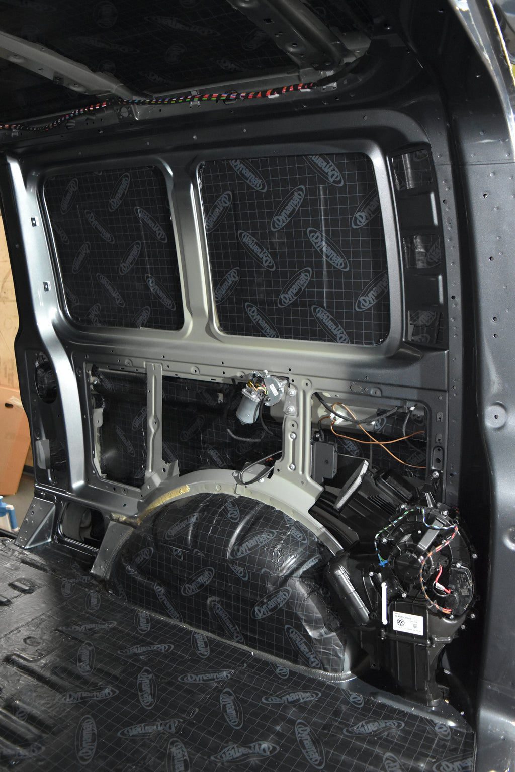 Van interior with black Dynamat sound deadening fitted
