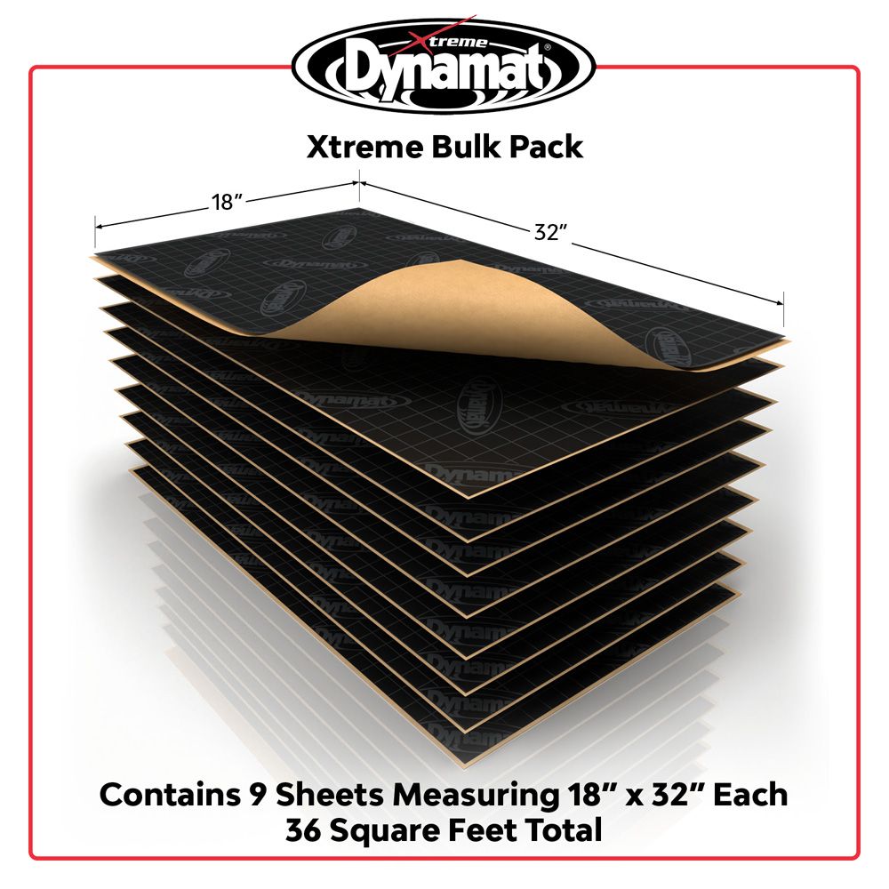 Dynamat Xtreme Bulk Pack with 9 sheets measuring 18" x 32" each on a white background.