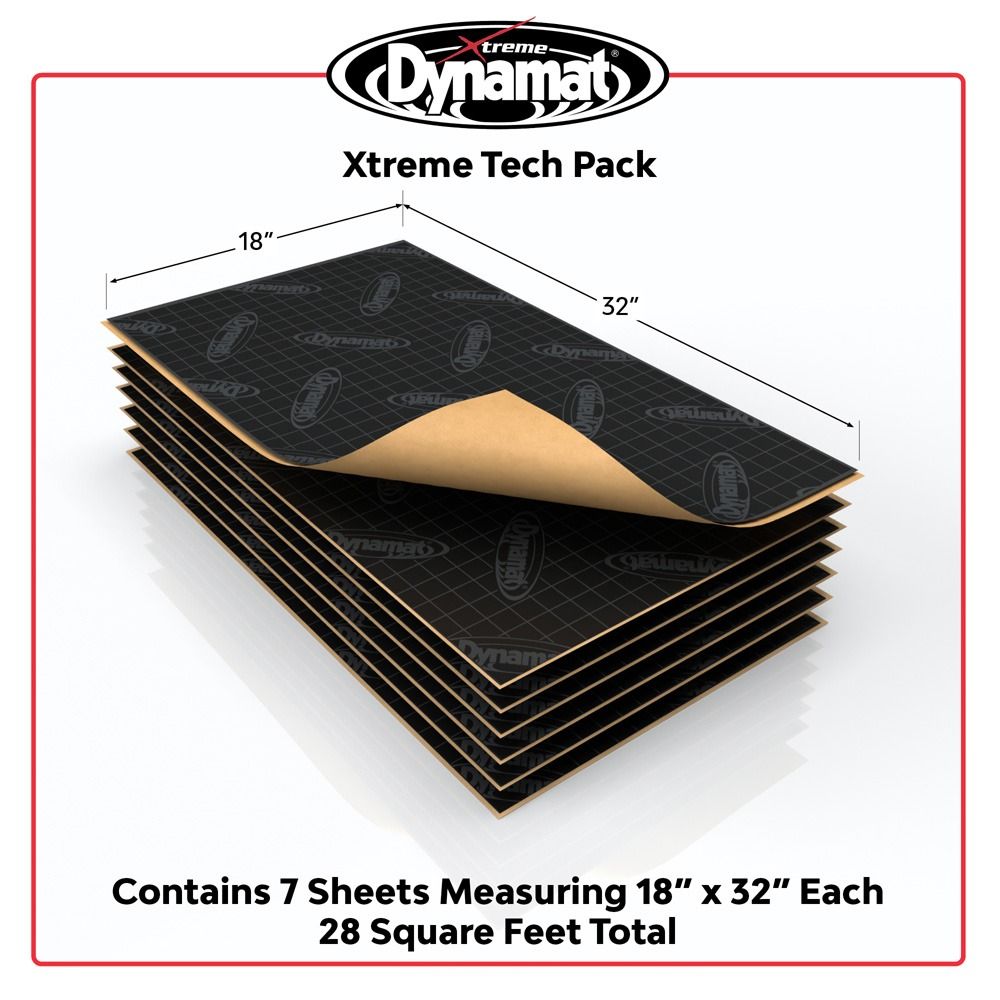 Stack of Dynamat Xtreme Tech Pack soundproofing sheets with dimensions and product details.