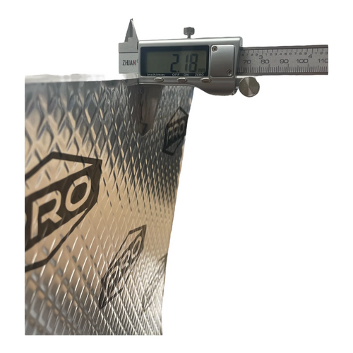 Digital caliper measuring a sound deadening sheet with a brand logo on a white background