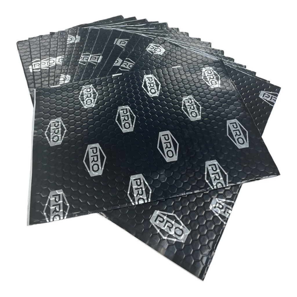 Stack of black sound deadening sheets with 'PRO' branding on a white background