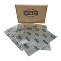 Stack of sound deadening sheets with 'PRO' branding in front of a cardboard box also featuring the 'PRO' logo.