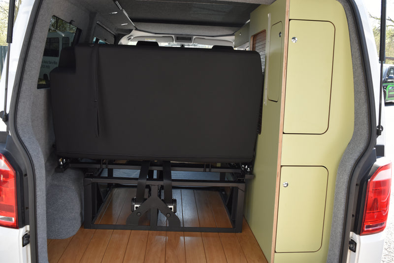 Campervan with RIB Bed, taken from the rear of the vehicle showing space behind a RIB bed